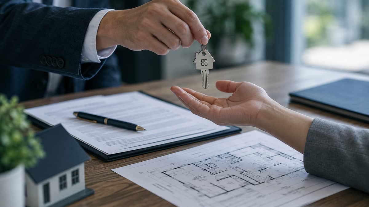 Mão entregando a chave de um imóvel sobre contrato e planta baixa
