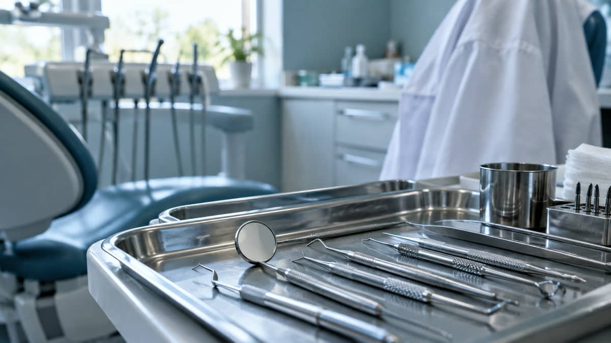Instrumental odontológico organizado em bandeja de aço inoxidável