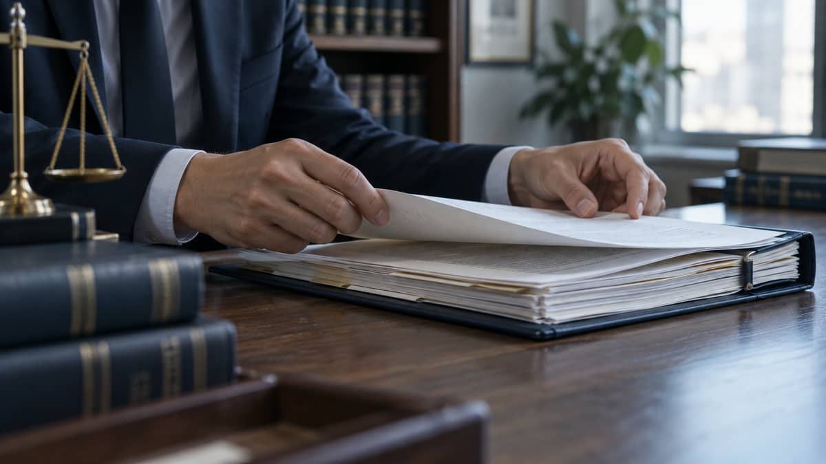 Mãos folheando um processo encadernado sobre mesa de escritório