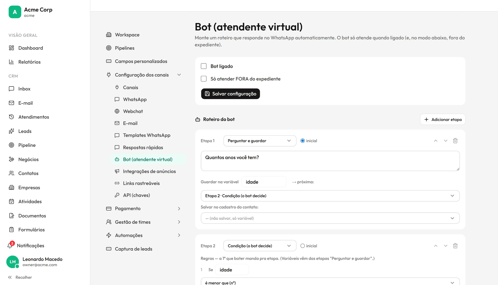 Montagem do atendente virtual do DeepCode CRM com etapas de mensagem, menu e transferência