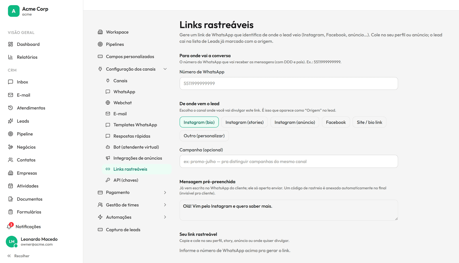 Tela de links rastreáveis do DeepCode CRM, que identificam a campanha de origem de cada lead do WhatsApp